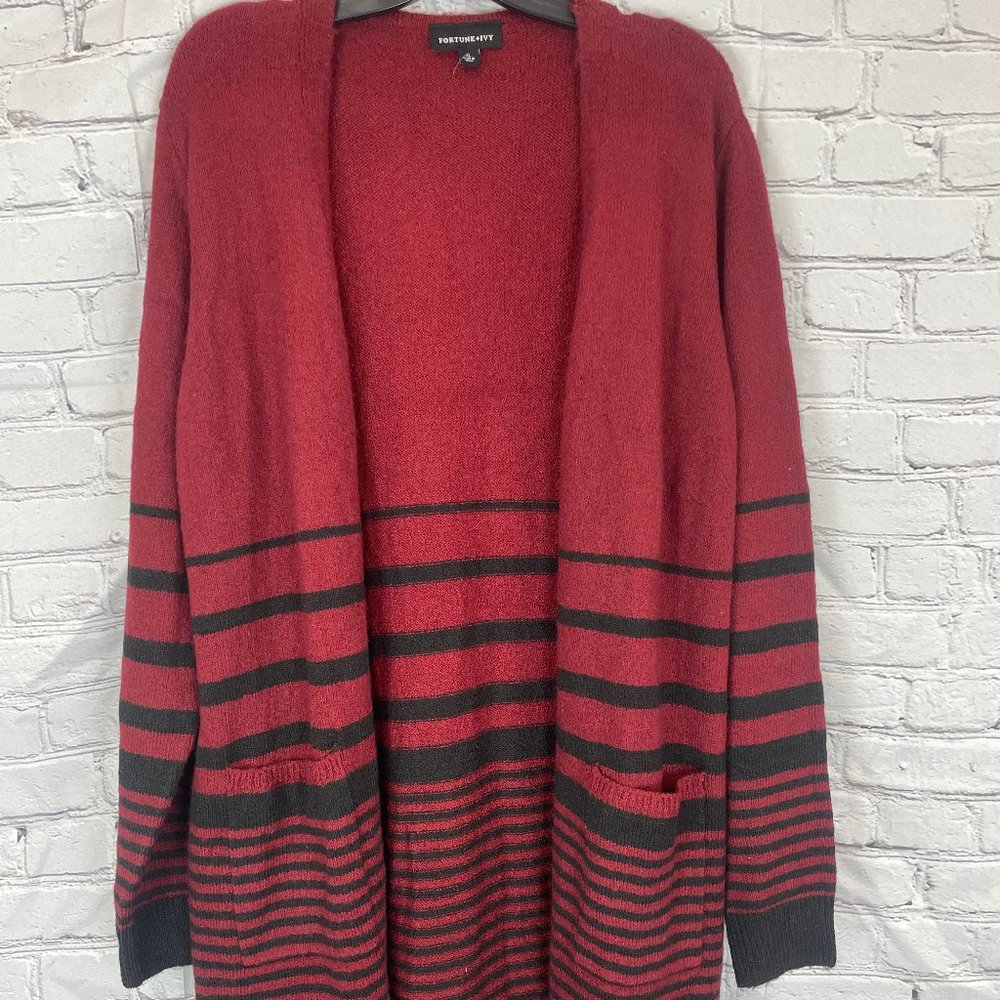 Fortune & Ivy Cardigan. Red & Black striped, Size XL